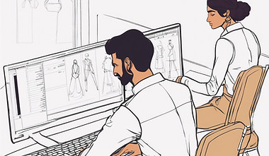 Indian fashion designer creating garment tech pack on computer. The client is on the meeti