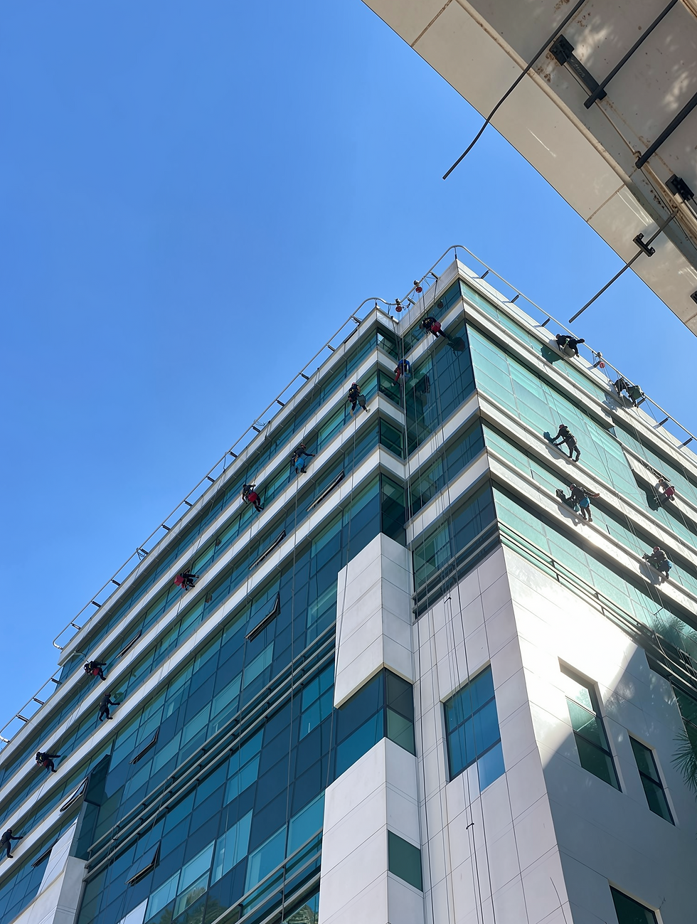 Outdoor photography of a modern glass skyscraper with multiple maintenance workers rappelling down the facade for cleaning. The scene is shot from a low angle against a clear blue sky, evoking a sense of industrial scale.
