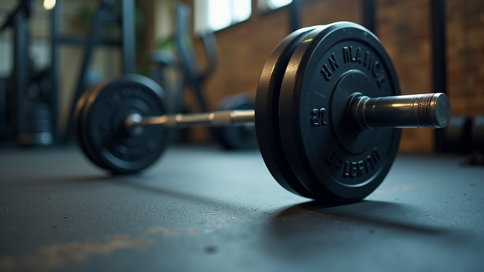 Close-up view of a barbell with weights on a gym floor