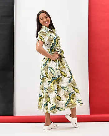 Fresh white dress with large green foliage print side view
