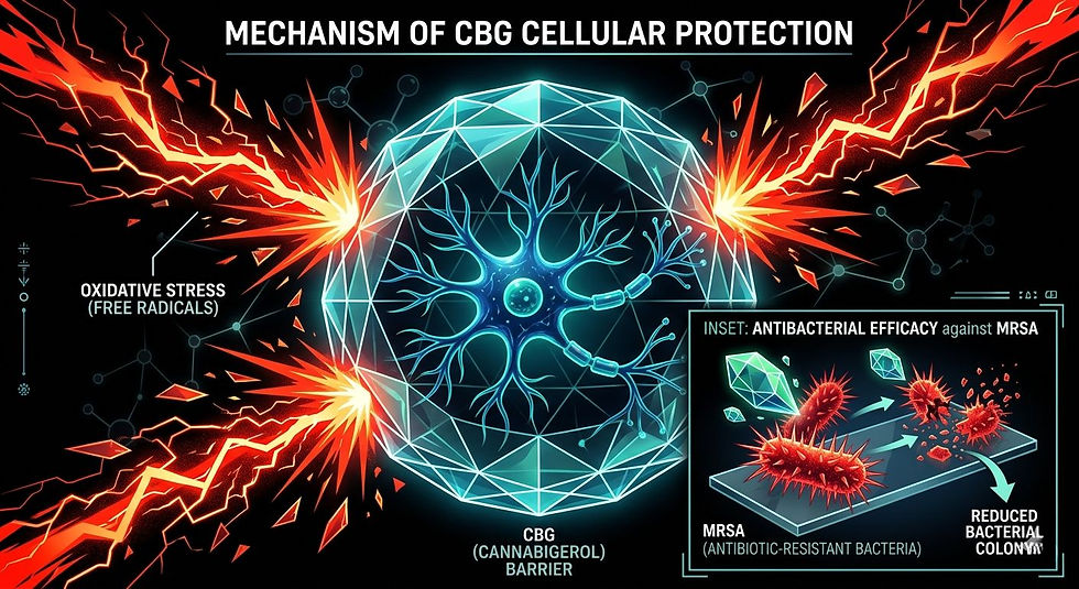 A high-contrast graphic depicting a neuron protected by a crystalline barrier (CBG) from red, jagged "static" (oxidative stress). A smaller inset shows CBG’s antibacterial efficacy against spiky red bacteria (representing MRSA).