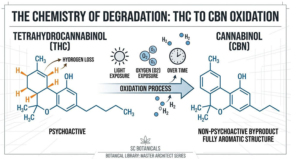 A clean chemical diagram illustrating the oxidation process. It shows Tetrahydrocannabinol (THC) losing hydrogen atoms and transforming into Cannabinol (CBN) due to exposure to light and oxygen over time.