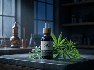 A serene nighttime setting with an artisan glass tincture bottle and fresh hemp leaves under soft moonlight.