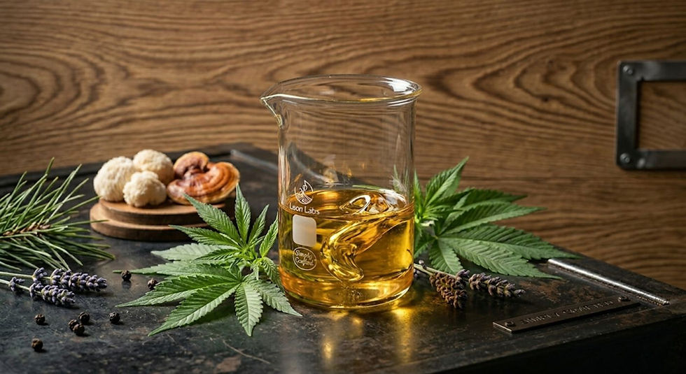 Macro photography of high-clarity CBG distillate in a medical-grade glass beaker surrounded by fresh botanicals.