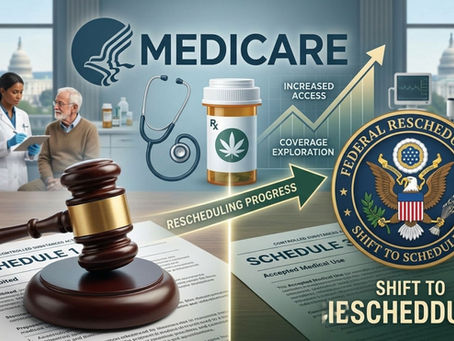 A split-screen conceptual illustration showing the transition of cannabis from Schedule 1 to Schedule 3. On one side, a legal gavel and "Schedule 1" documents; on the other, a "Schedule 3" document next to a Medicare logo, a stethoscope, and the U.S. Capitol building, symbolizing federal rescheduling and increased medical access.