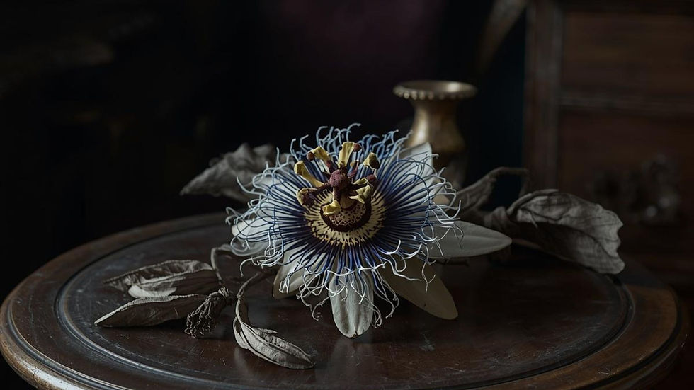 Dried-Passionflower-on-antique-table-with-moody-setting