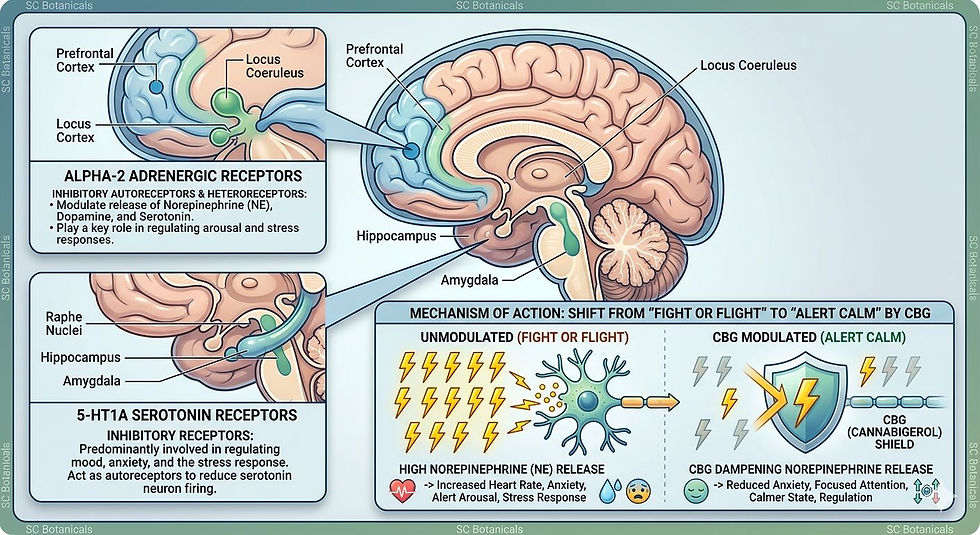 A technical diagram of the human brain with call-outs to the Alpha-2 Adrenergic Receptors and 5-HT1A Serotonin Receptors. A simple icon of a "lightning bolt" (Norepinephrine) being dampened by a "shield" (CBG) illustrates the shift from "fight or flight" to "alert calm".