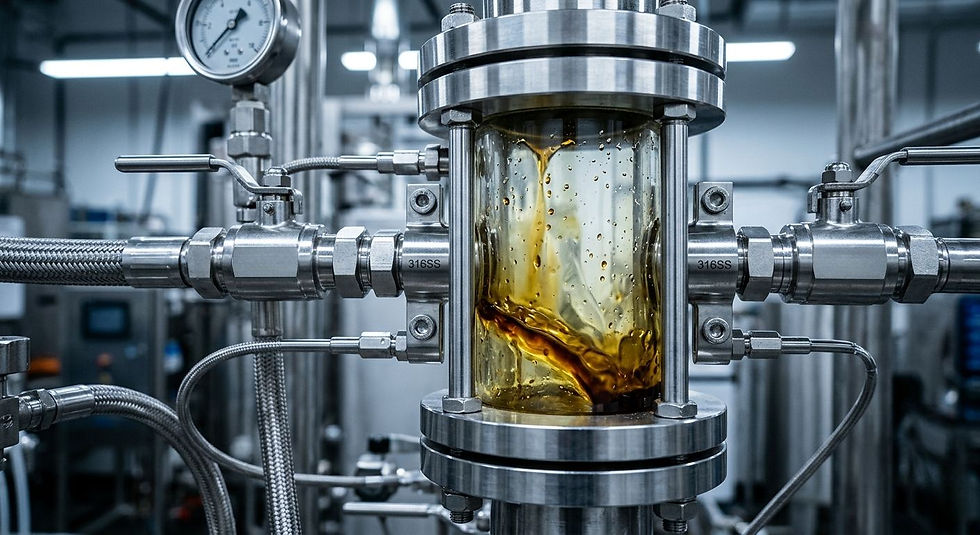 An industrial close-up shot of precision hydrocarbon extraction setup. The image must prominently feature 316-grade stainless steel and medical-grade borosilicate glass to prevent chemical leaching. It could show a visible sight-glass capturing heavy aromatic compounds, suggesting the "Precision Magnet" effect.