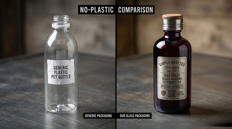 A side-by-side comparison of a generic plastic PET bottle vs. your ultraviolet-protected glass housing.