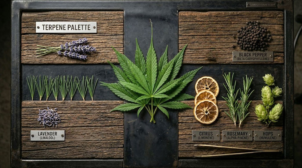 A flat-lay photo featuring cannabis leaves surrounded by lavender (Linalool), pine needles (Pinene), and black peppercorns (Beta-Caryophyllene).