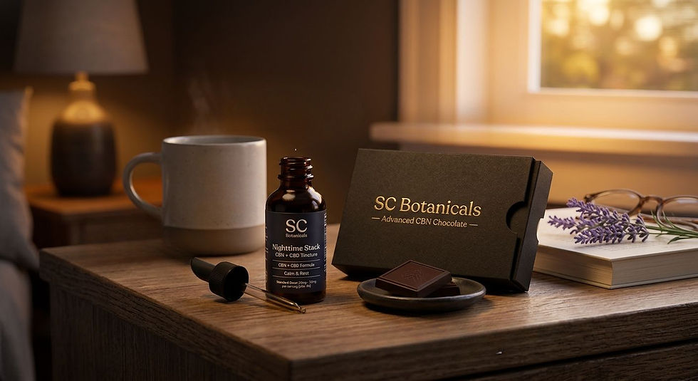 A photograph displaying standard SC Botanicals CBN and CBD products together as a functional "Nighttime Stack". For varied dosing context, this could include a standard tincture bottle (20mg–50mg standard dose) alongside the "advanced chocolate line" meant for high-potency servings of 100mg.