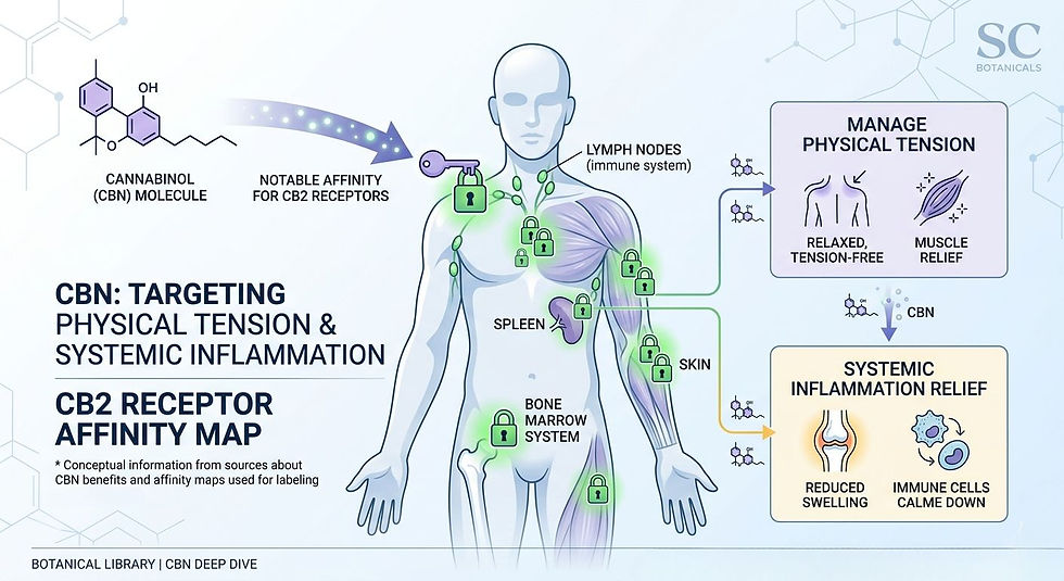 A simplified diagram of the human body showing CB2 receptors primarily in the immune system and peripheral tissues, indicating CBN's notable affinity for these areas to manage physical tension and systemic inflammation.