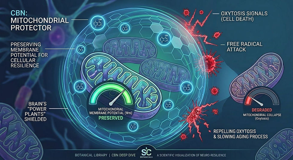 A microscopic level view based on 2026 Salk Institute research. It depicts a brain cell's mitochondria (the 'power plants' of the cell) being protected by CBN from oxytosis (cell death). The image should highlight CBN preserving the mitochondrial membrane potential.