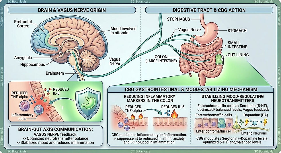 A split-view illustration showing the brain connected by the vagus nerve to the digestive tract. The gut lining is highlighted with a soft green glow, representing CBG’s role in reducing inflammatory markers in the colon and stabilizing mood-regulating neurotransmitters.