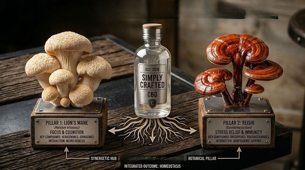 A visual "stack" showing a CBD bottle in the center, flanked by a Lion’s Mane mushroom and a Reishi mushroom.