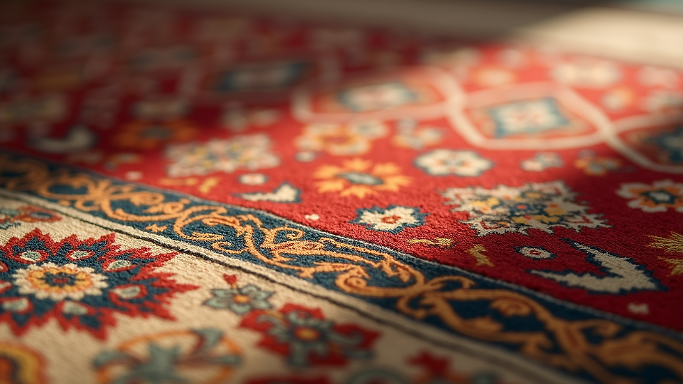 Close-up view of a handmade carpet with intricate patterns