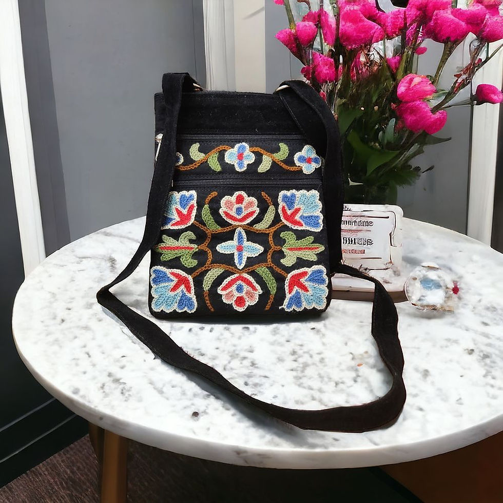 Thumbnail: Black Kashmiri Embroidered Suede Leather  Sling Long Bag
