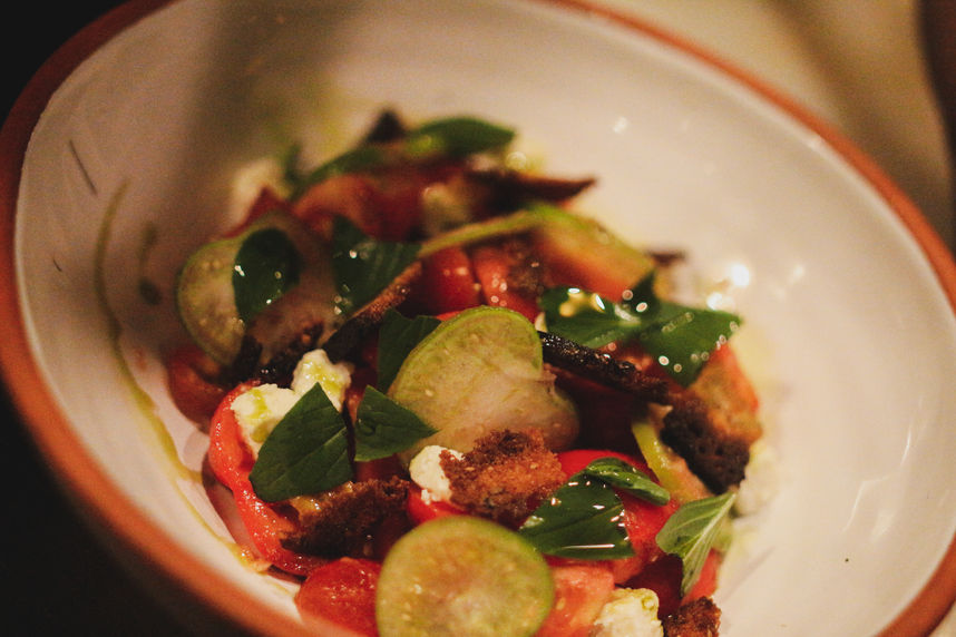 Delicious tomato salad with basil and croutons