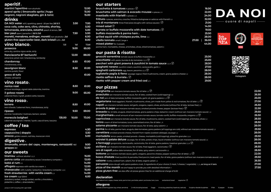 Menukarte in Englisch