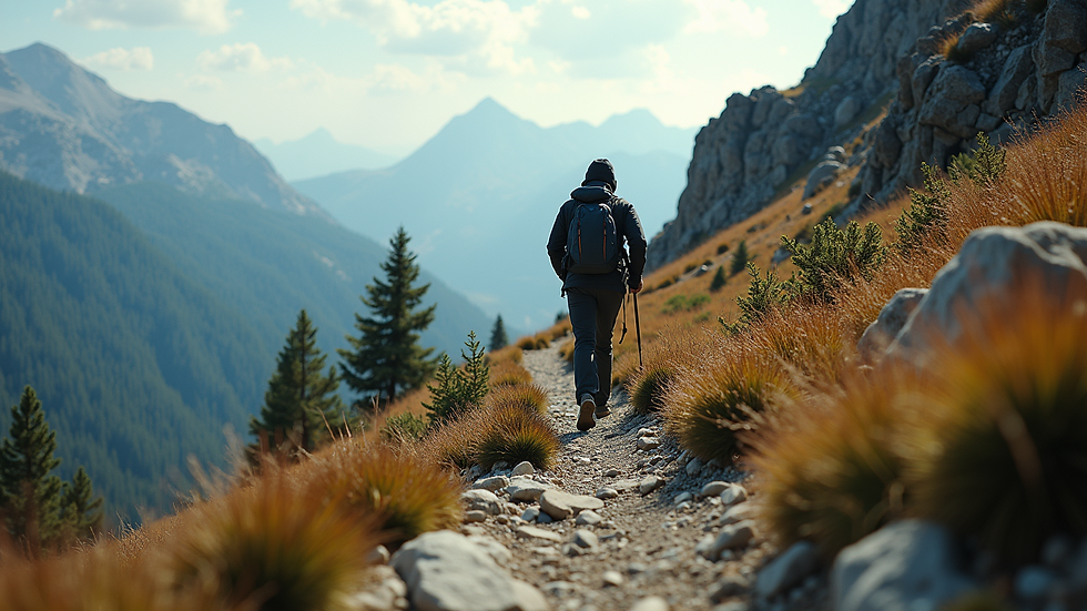 Eye-level view of a hiker walking on a rocky mountain trail
