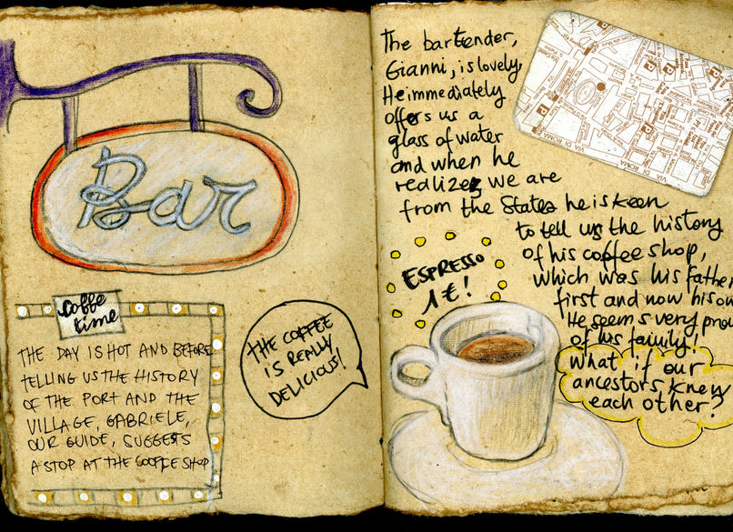 Schizzo della sosta al bar per il caffè durante il viaggio genealogico in Italia