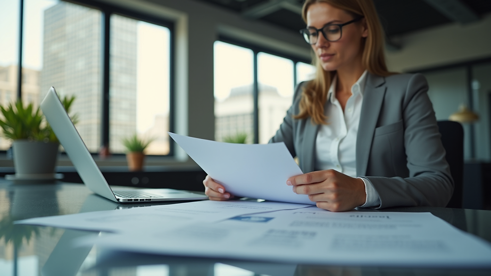 Eye-level view of a real estate agent reviewing documents in a modern office