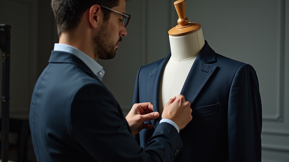 High angle view of a tailor fitting a bespoke jacket on a mannequin