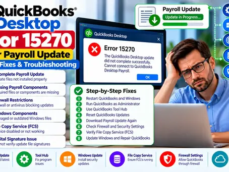 QuickBooks Error 15270 after payroll update troubleshooting guide showing Tool Hub, File Copy Service, firewall, Windows update and payroll update fixes