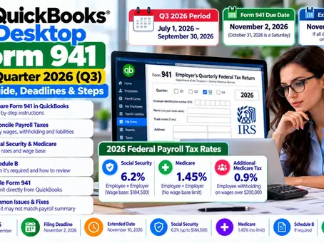 QuickBooks Form 941 third quarter 2026 guide showing Q3 filing deadlines, Social Security and Medicare tax rates, Schedule B, payroll reconciliation and e-filing