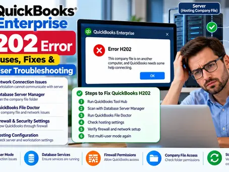 QuickBooks Enterprise H202 error troubleshooting guide showing Database Server Manager, File Doctor, firewall, hosting and multi-user network fixes.