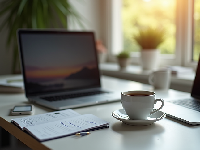 A-professional-technical-shot-of-a-modern-workspace-with-a-laptop-and-a-cup-of-coffee-focu