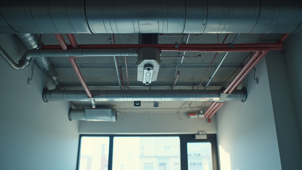 High angle view of fire sprinkler system piping layout in a building ceiling