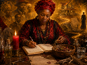 Black rootworker writes in a journal beside candles, herbs, oils, petitions, and family photographs, framed by ancestors, a Southern home, and a glowing path of spiritual guidance.