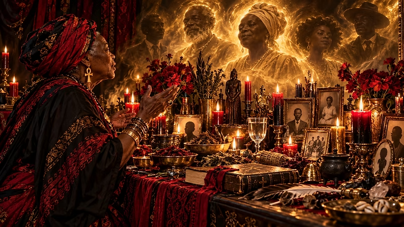 Cinematic landscape oil painting of an elder Black female rootworker speaking to her ancestors before a Hoodoo altar. Glowing ancestral spirits appear in brilliant golden light above family photographs, red candles, herbs, and offerings. Deep black, crimson, and shimmering gold create a powerful scene of ancestral communication.