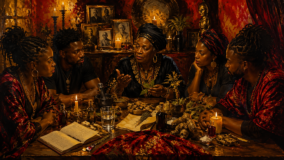 Five Black practitioners gather around a candlelit table as an elder leads a private Hoodoo and Conjure teaching. Herbs, oils, ancestor portraits, prayer books, and rootwork materials fill the warm red-and-gold room.