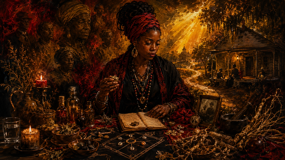 Black rootworker reads cards and works with herbs, oils, candles, and a journal before an ancestor altar. Ancestor figures, a Southern family home, and golden light surround her table of roots, shells, and spiritual tools.
