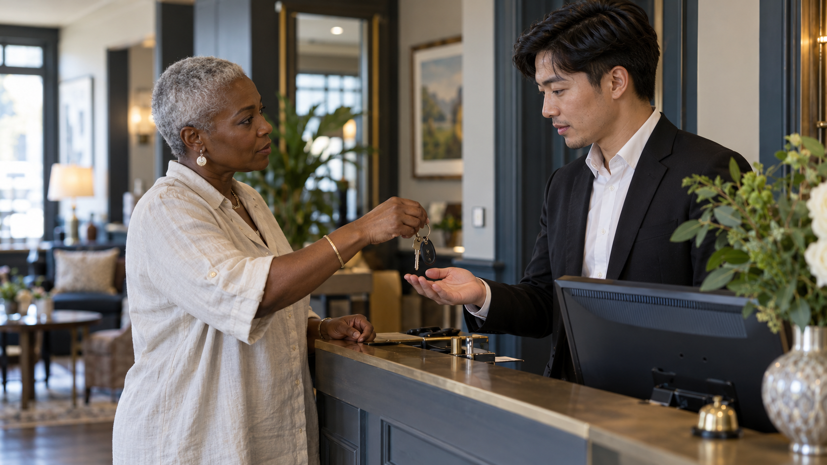 AI-generated editorial illustration: Hotel owner handing keys to a general manager.