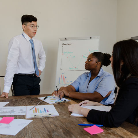 Leadership team reviewing performance measures around a meeting table