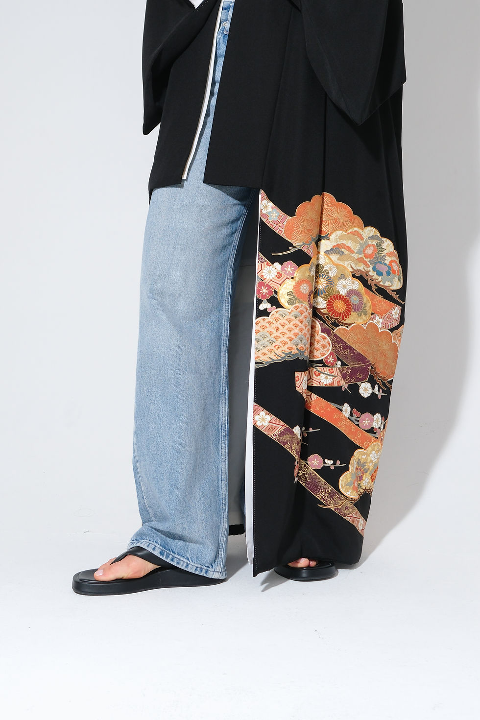 Thumbnail: Classic Japanese Black Kimono with Flowers & Multicolor Clouds Print