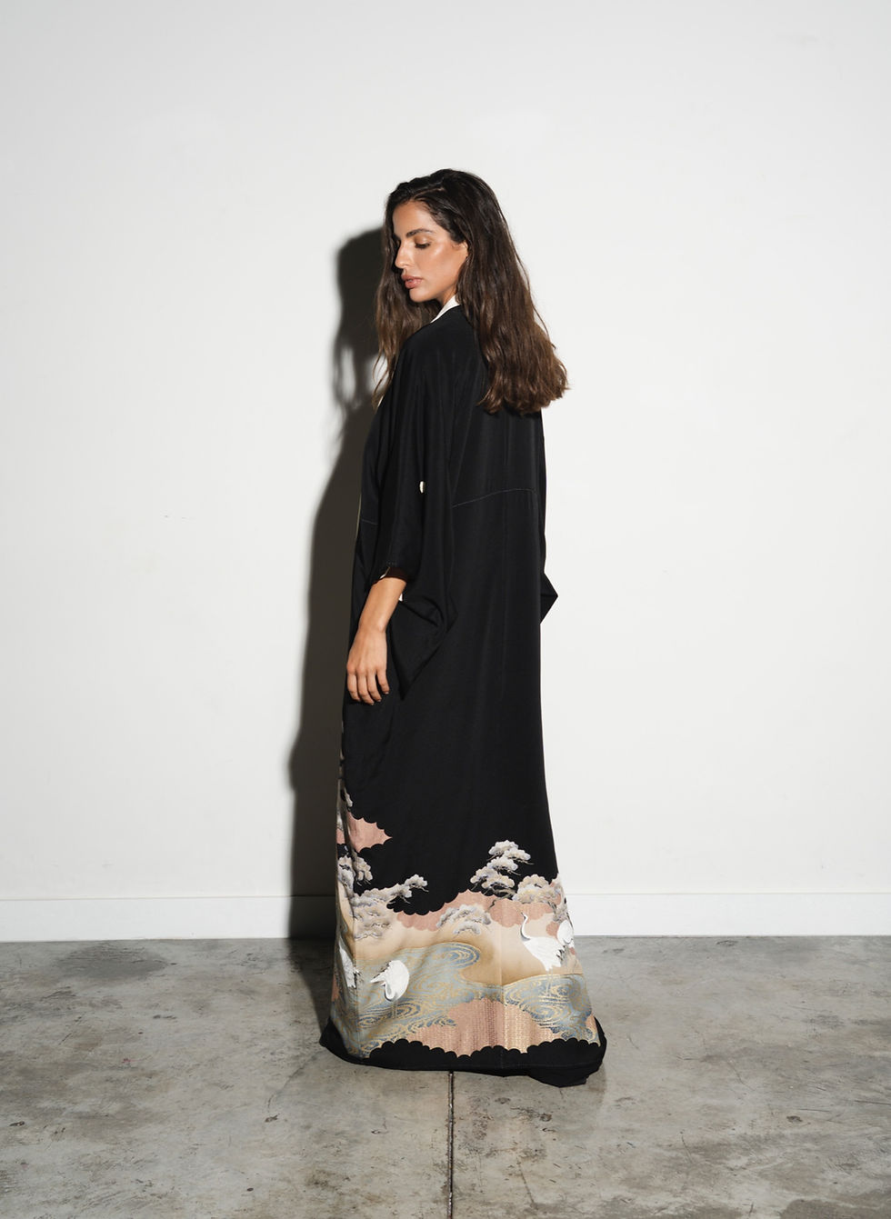 Thumbnail: Classic Black Kimono with Pine Tree & Crane birds Print