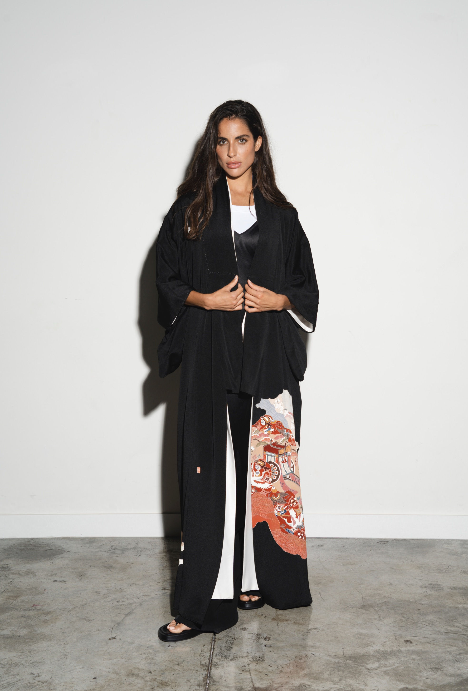 Classic Black Kimono with Flying Birds & Floral Plants Print