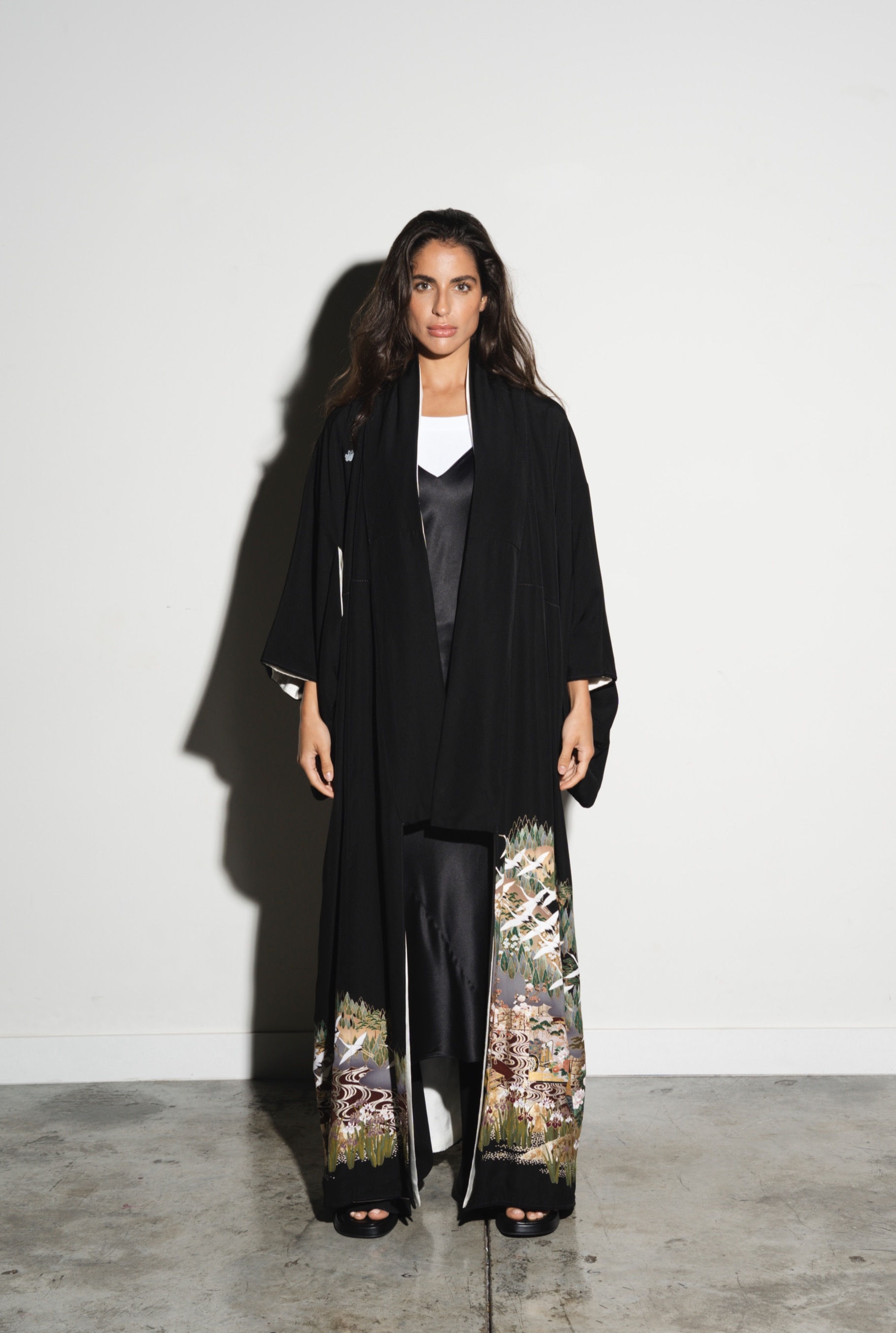 Classic Black Kimono with Flying Cranes & Floral Plants Print