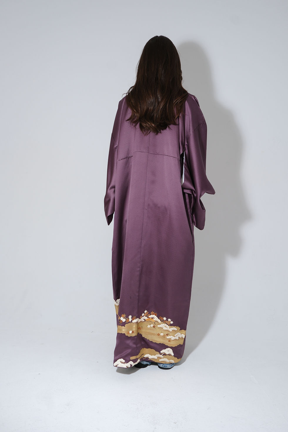 Thumbnail: Japanese Purple Kimono with Gold & White Pine Trees Floral Print