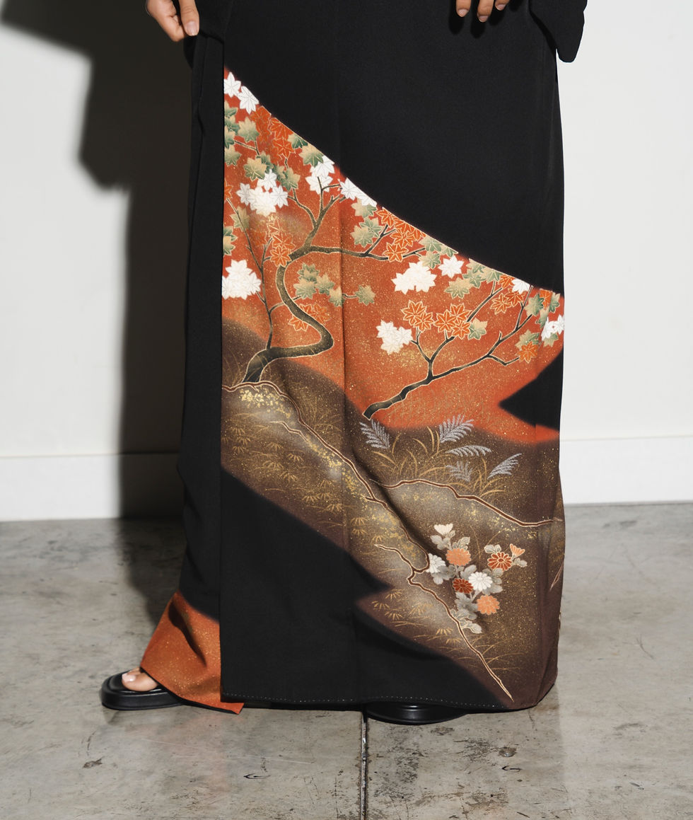 Thumbnail: Classic Black Kimono with Bamboo leaf & Flowers Print