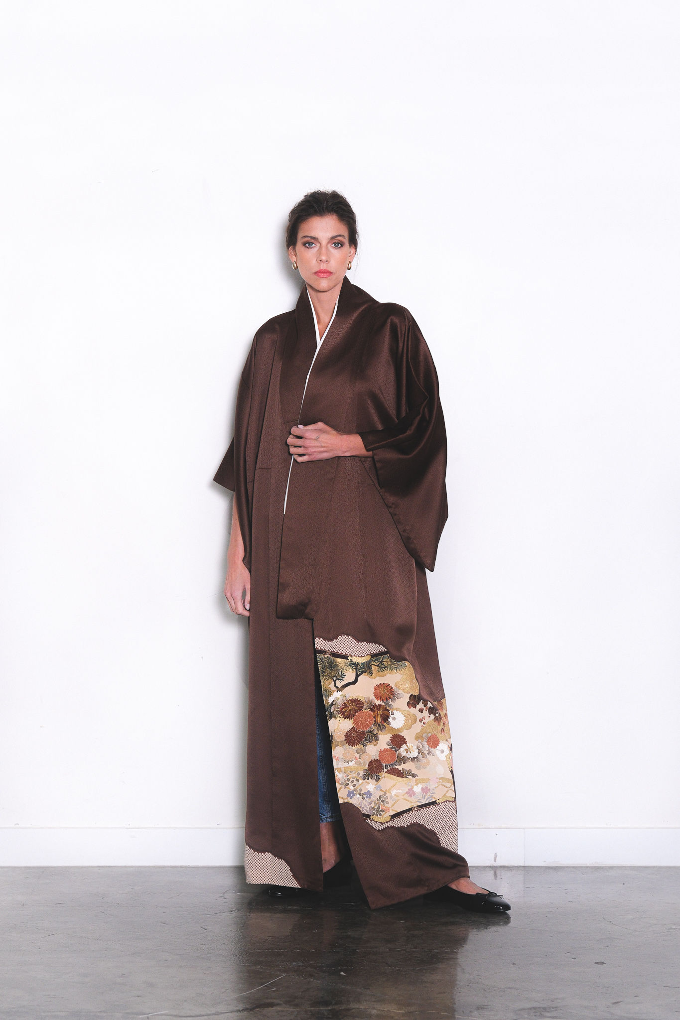 Japanese Brown Kimono with Flowers Print