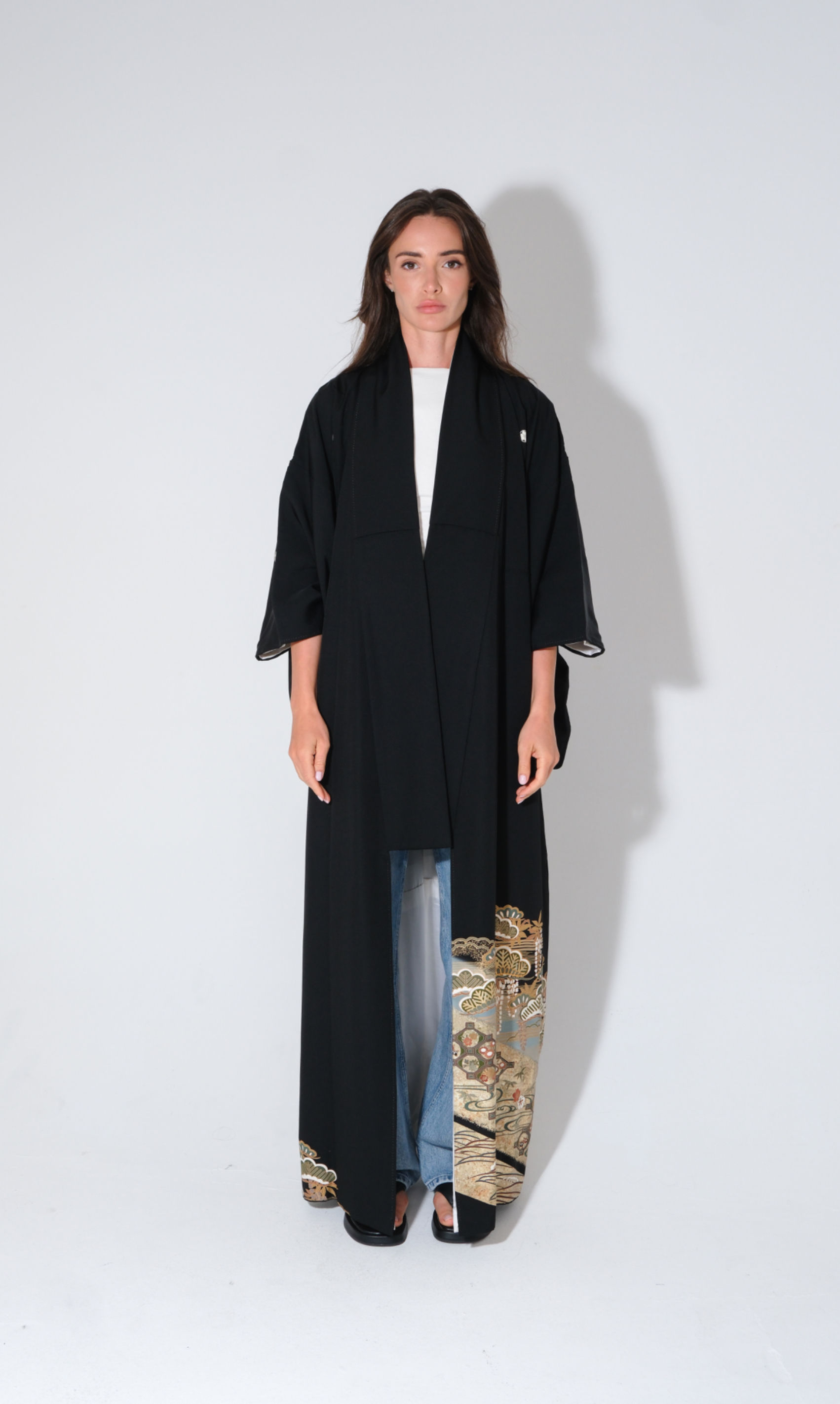 Japanese Masterpiece Kimono with Gold Clouds & Leafs Print