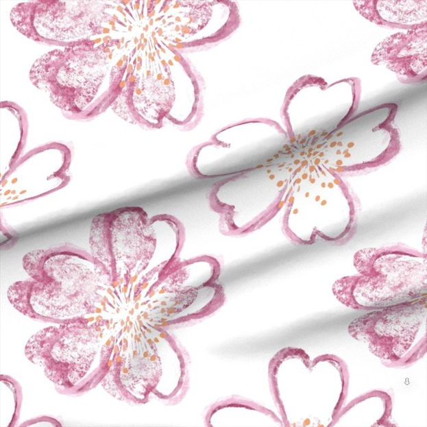Close-up of hand-drawn floral repeat pattern in blush pink on white fabric. Ideal for bedding, home textiles, and feminine decor. Surface pattern design for licensing.