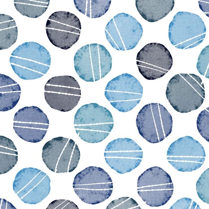Cool-toned watercolour polka dots with linear details on white background. Designed for interior fabrics and stationery. Surface pattern design for licensing.