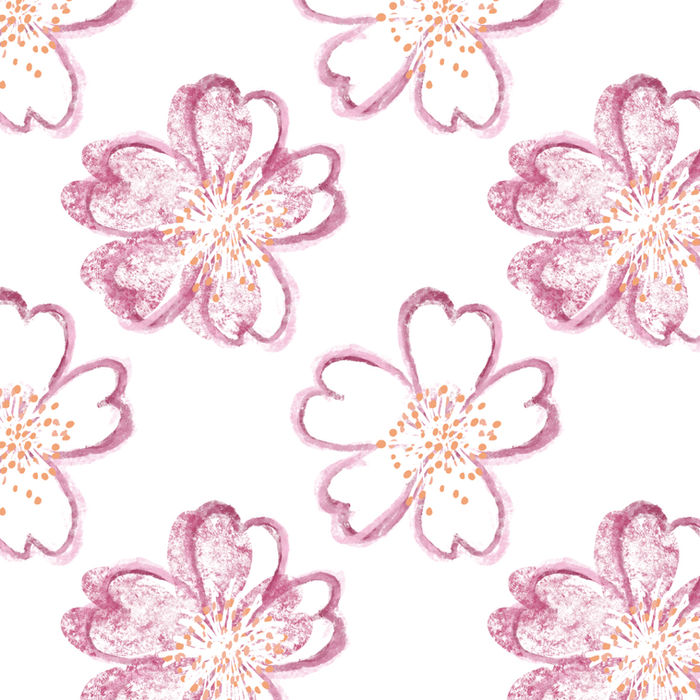 Hand-drawn pink cherry blossom floral repeat pattern on a white background, ideal for feminine stationery, bedding, and wallpaper. Licensable surface design.