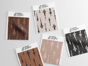 Swatch cards featuring ornamental key-inspired surface pattern designs by Infinity Designer – Jo Phillips. Displayed in warm neutral, black, and chocolate brown colourways with contrasting motifs. Ideal for fabric licensing, heritage-inspired home décor, and classic stationery collections. Surface pattern designs for licensing.